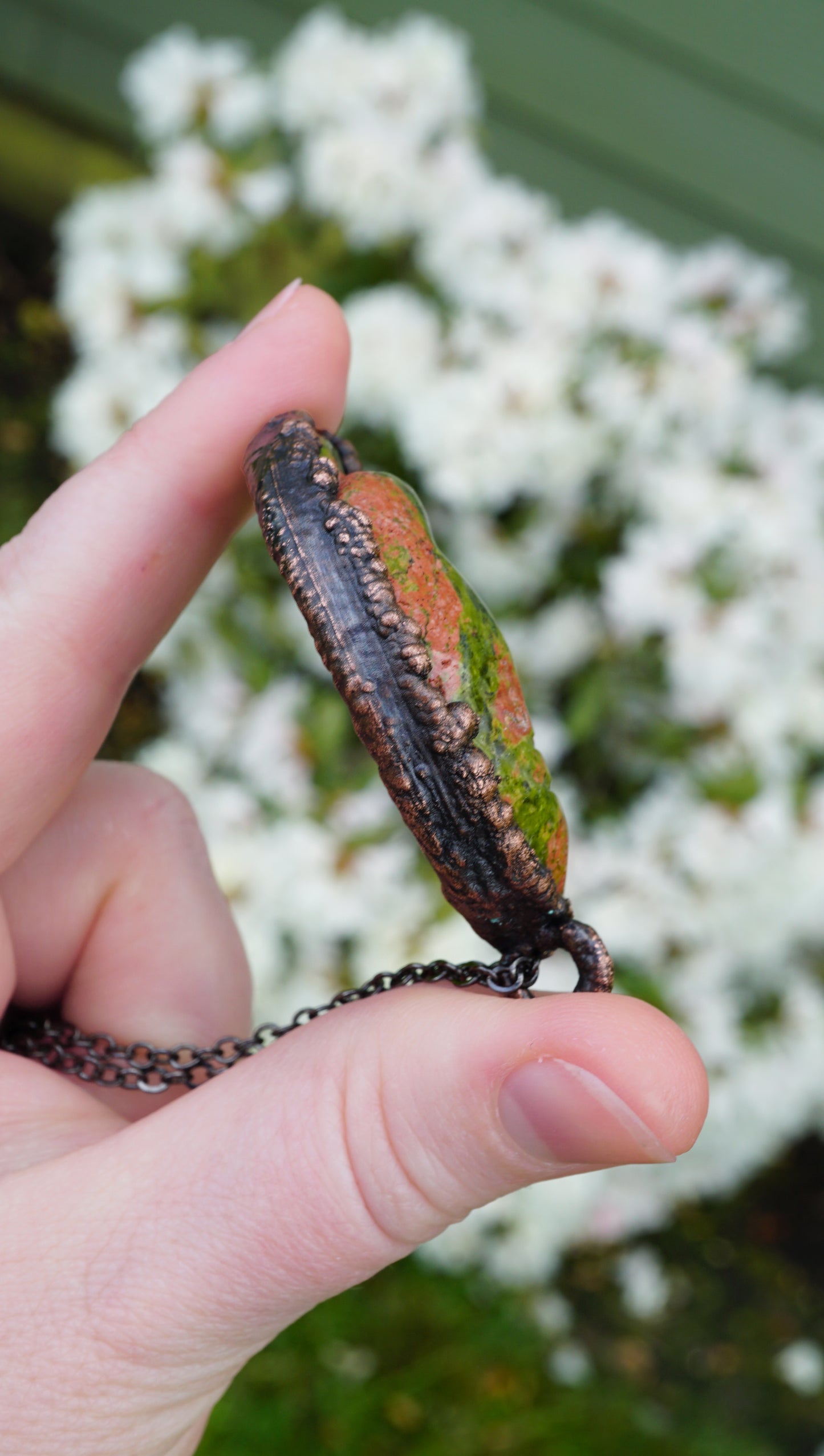 Green & Pink Unakite Jasper, Electroformed in Copper • Handmade Heart Chakra Crystal Necklace