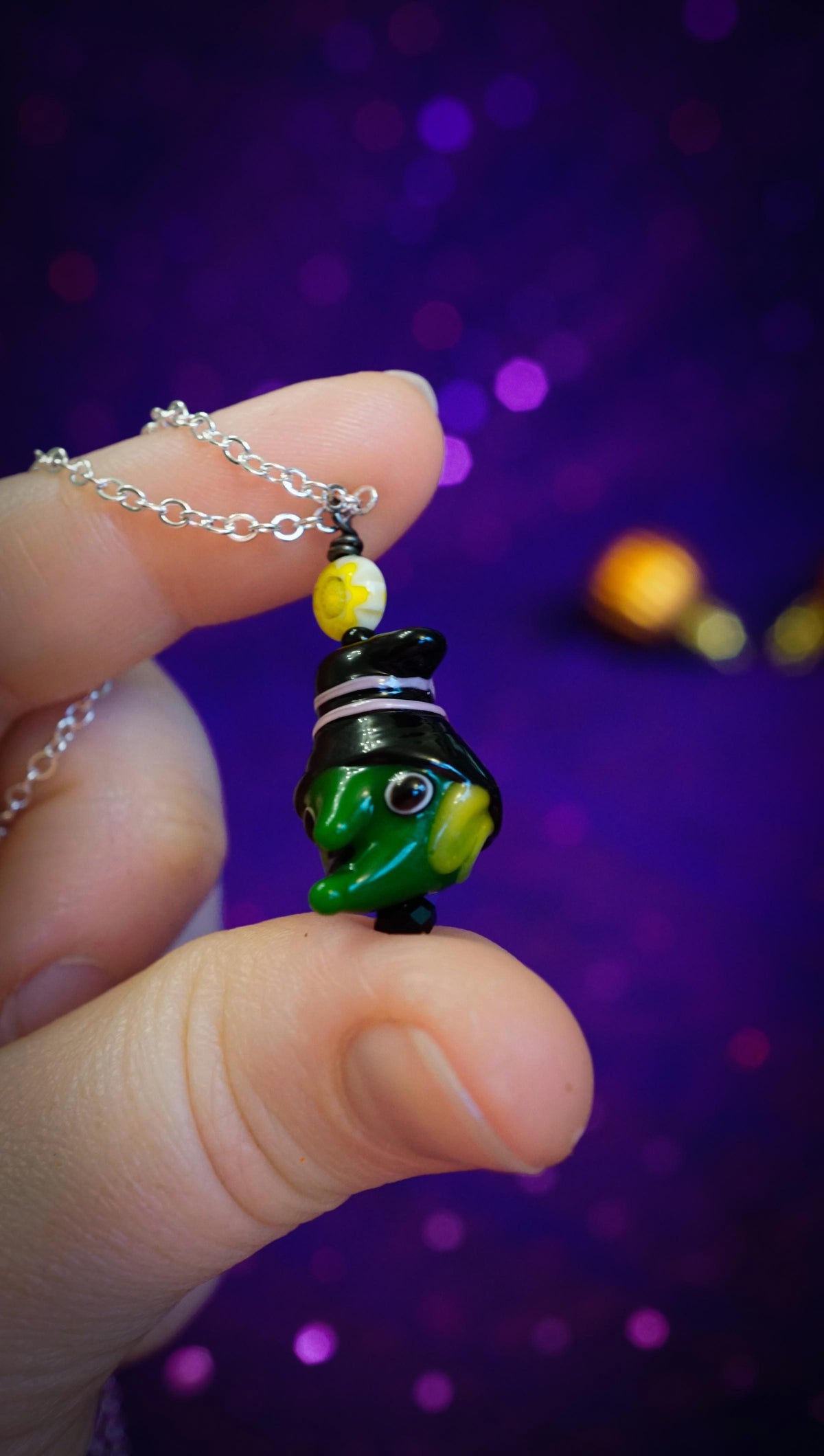 Glass Beaded Green Witch Necklace with Suns • Halloween Jewelry Handmade