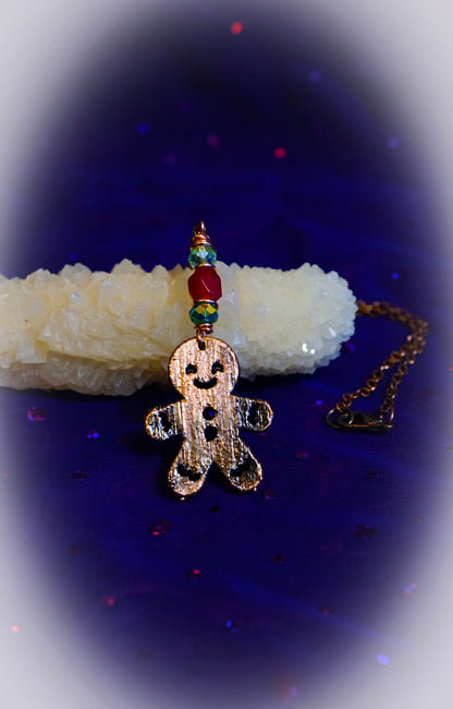 Electroformed Copper Gingerbread Man Rearview Mirror Ornament | Handmade Beaded Christmas Car Décor