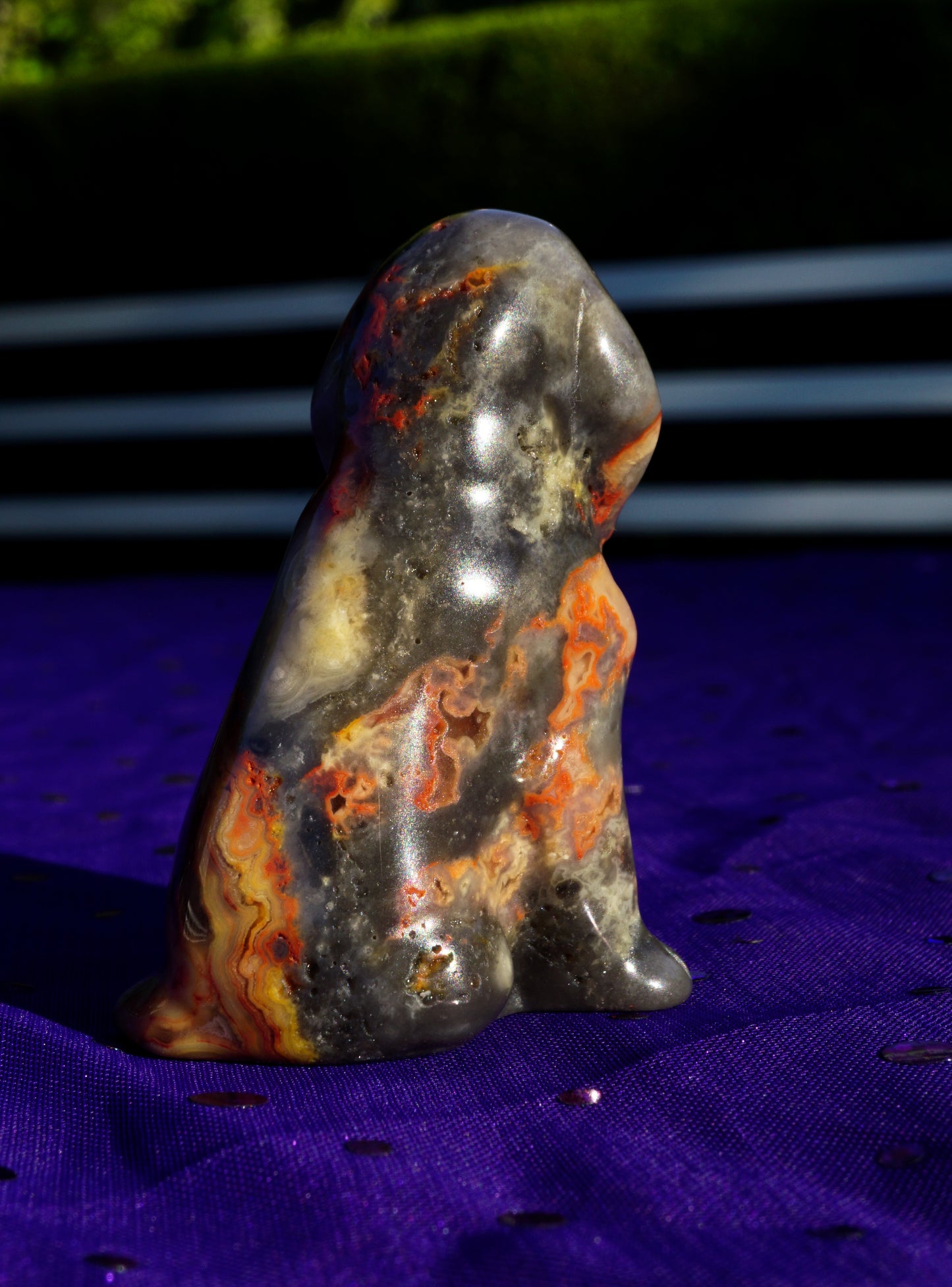 Carved Crystal Dog Figurine • Flame Crazy Lace Agate