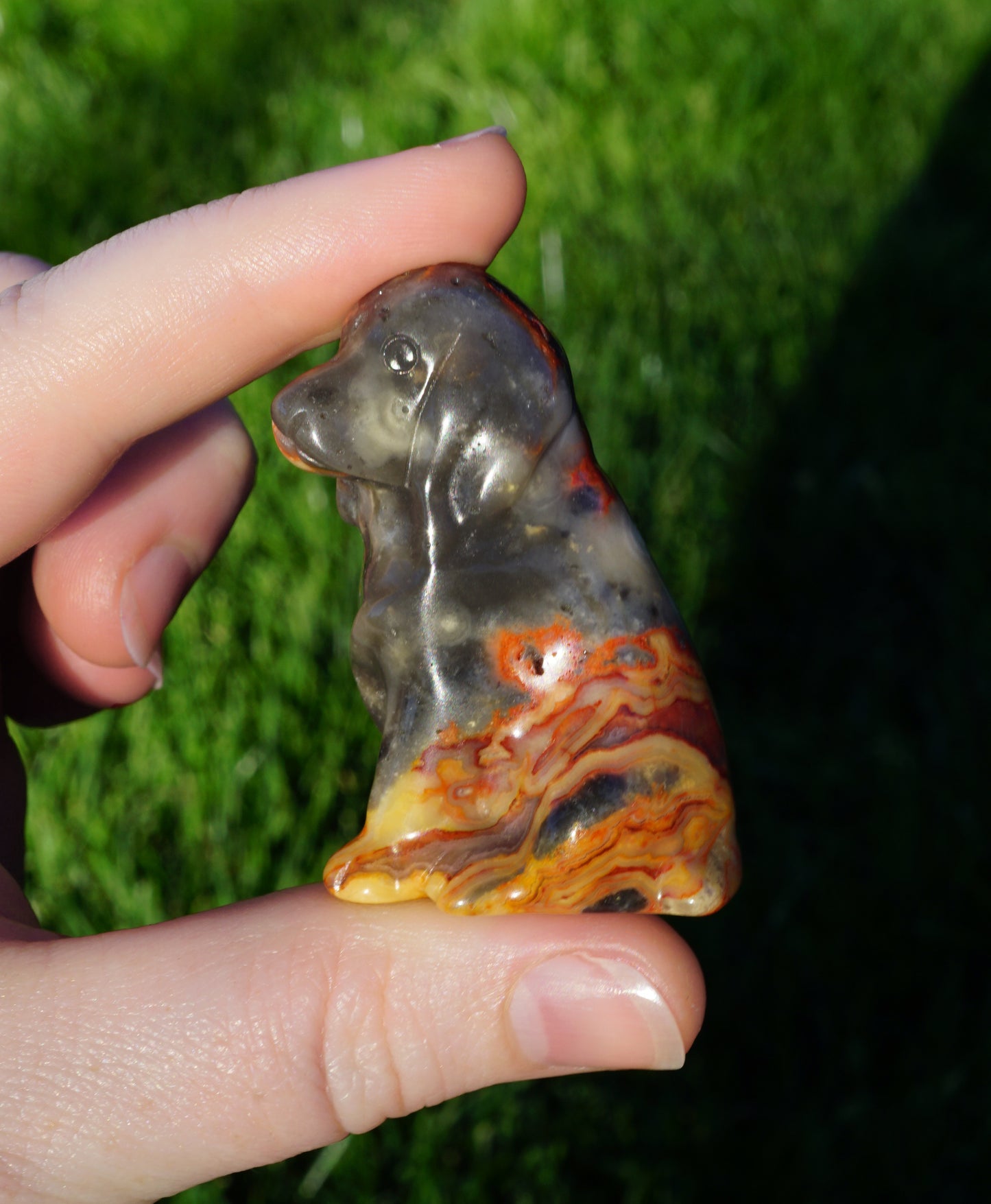 Carved Crystal Dog Figurine • Flame Crazy Lace Agate