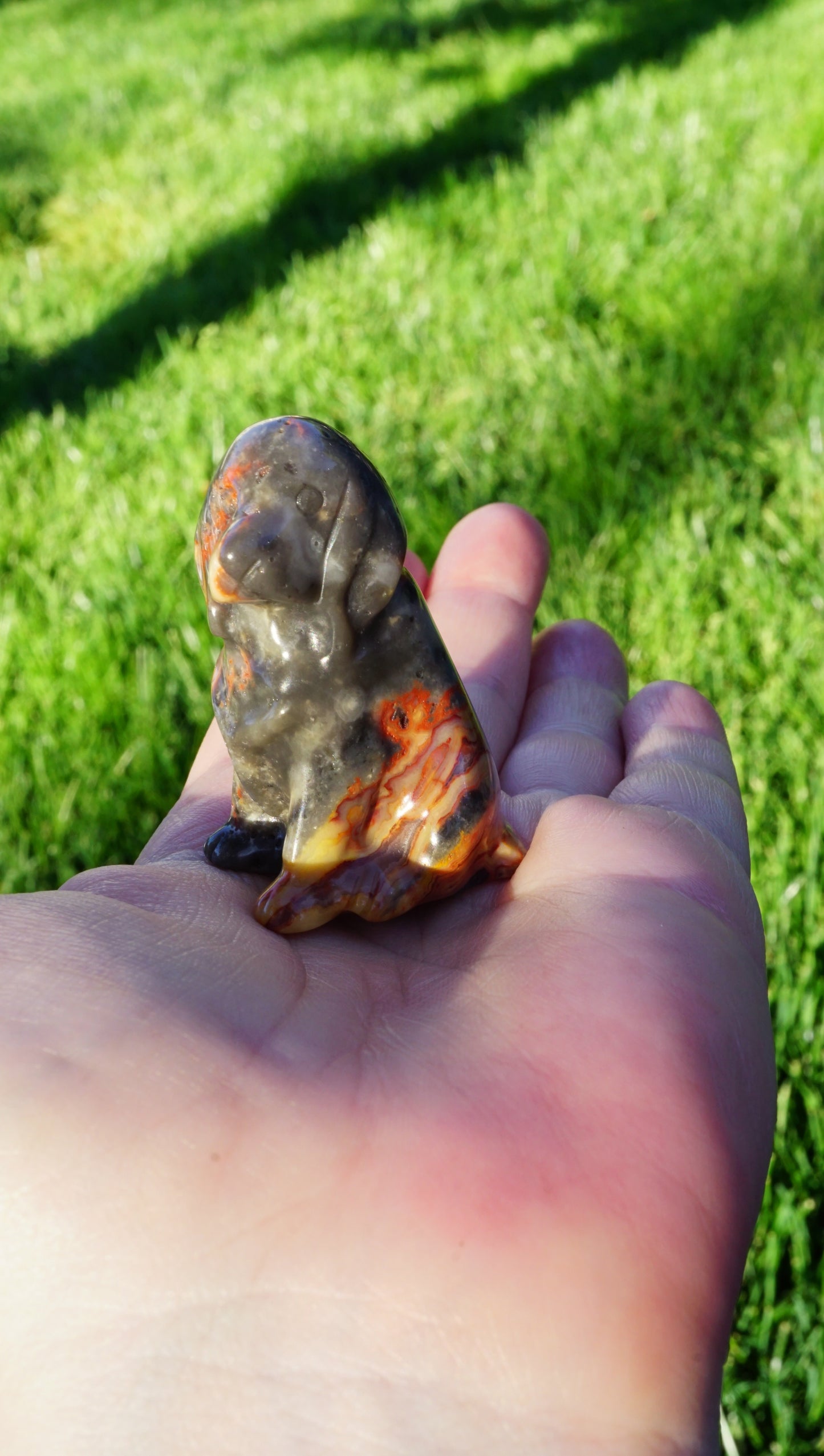 Carved Crystal Dog Figurine • Flame Crazy Lace Agate
