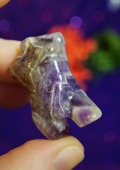 Amethyst crystal held in a hand with a blurred colorful background