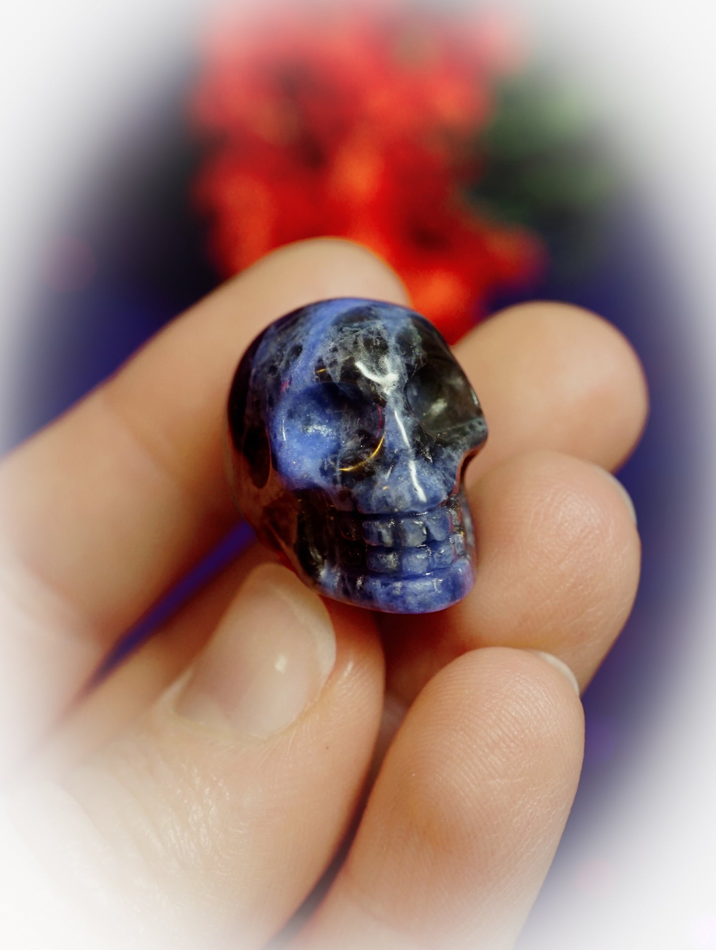 Blue crystal skull held between fingers with a blurred red flower in the background