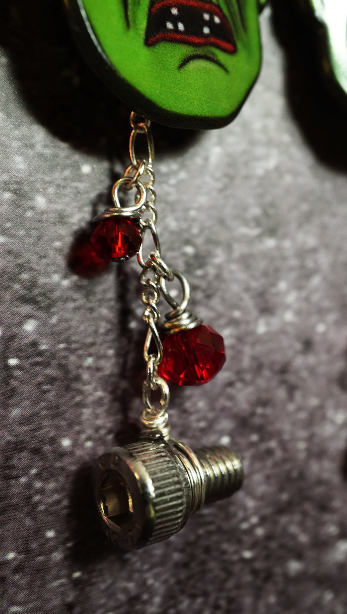 Frankenstein's Monster Earrings – Handmade Creepmas Statement Earrings | Steel Bolts & Blood Drops