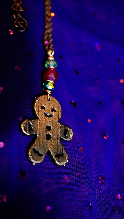 Electroformed Copper Gingerbread Man Rearview Mirror Ornament | Handmade Beaded Christmas Car Décor