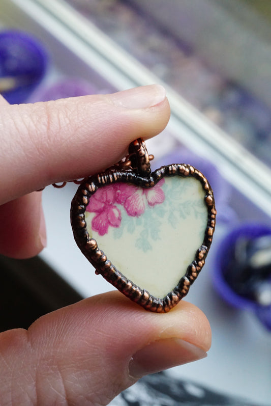 Floral Patterned Broken China Heart Necklace | Handmade & Electroformed in Copper
