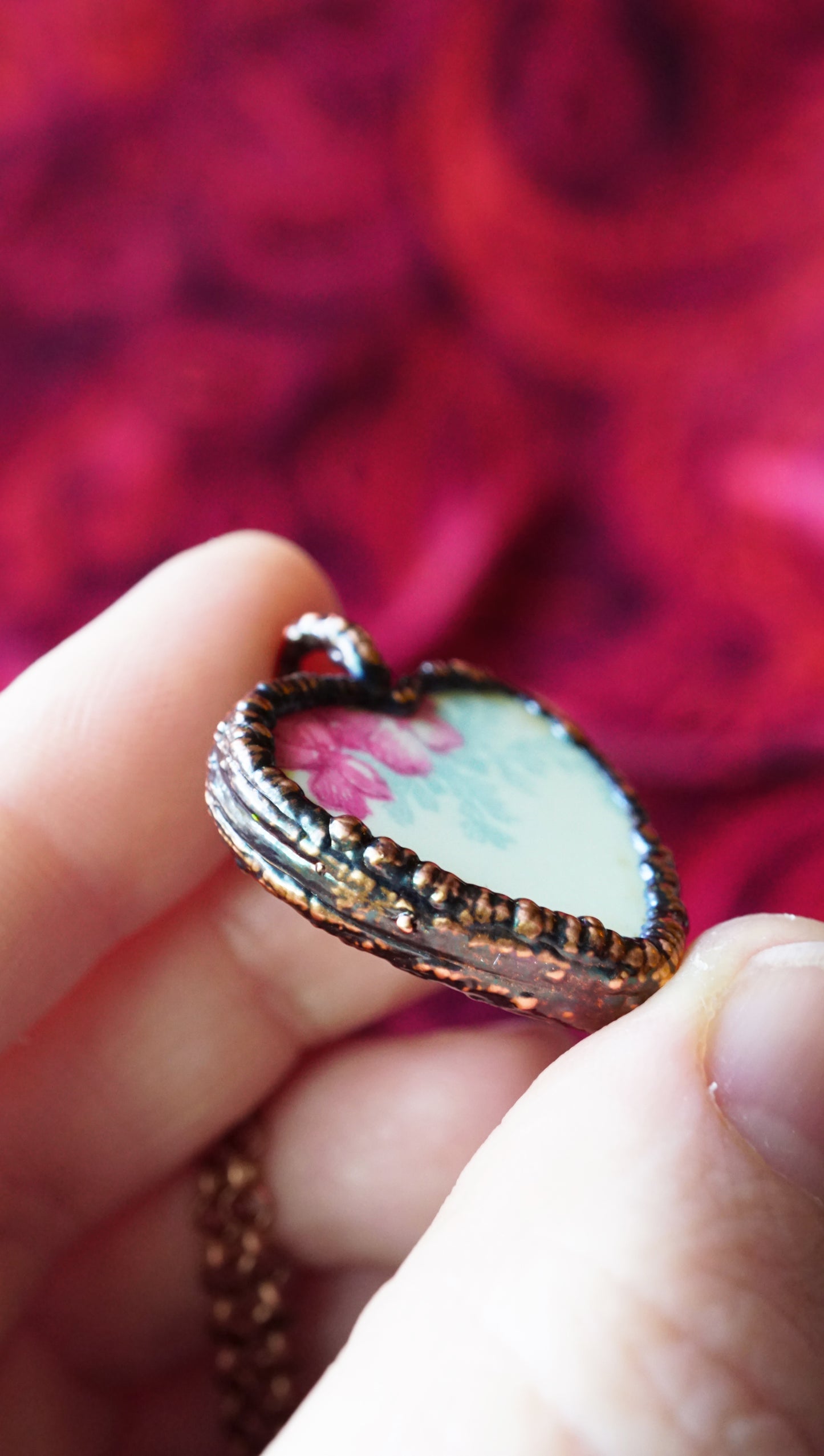 Floral Patterned Broken China Heart Necklace | Handmade & Electroformed in Copper