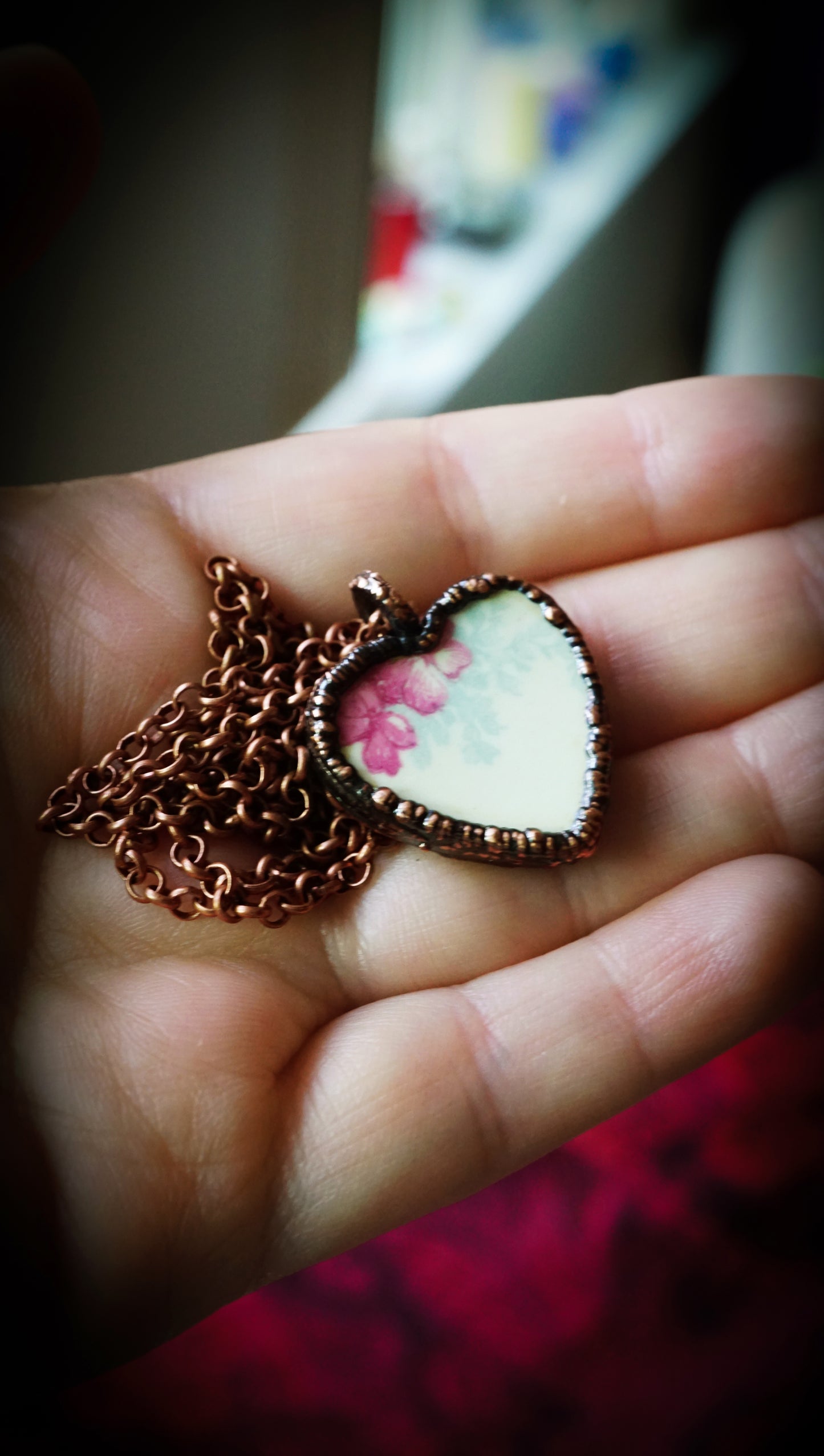 Floral Patterned Broken China Heart Necklace | Handmade & Electroformed in Copper