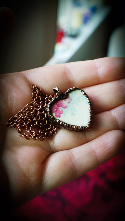 Floral Patterned Broken China Heart Necklace | Handmade & Electroformed in Copper
