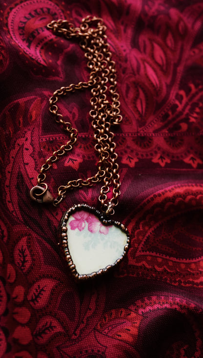Floral Patterned Broken China Heart Necklace | Handmade & Electroformed in Copper