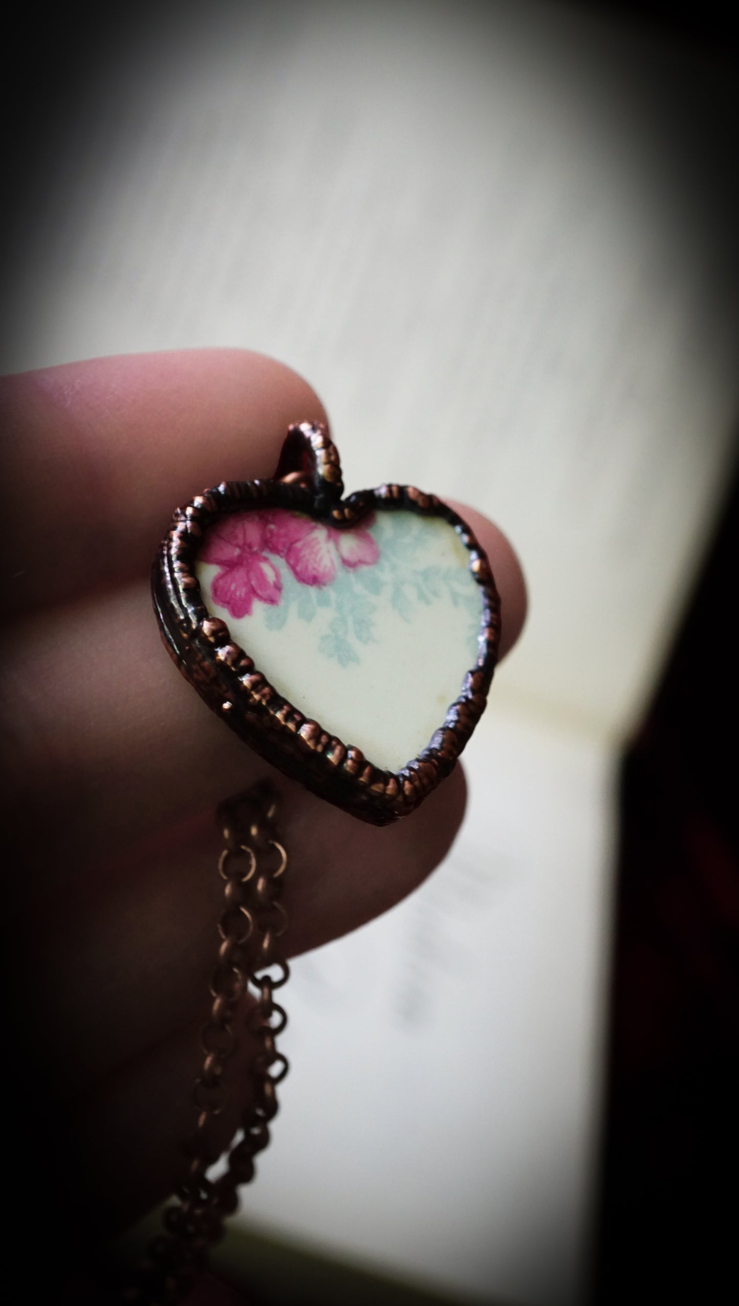 Floral Patterned Broken China Heart Necklace | Handmade & Electroformed in Copper