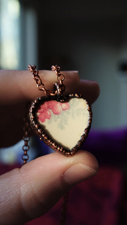 Floral Patterned Broken China Heart Necklace | Handmade & Electroformed in Copper