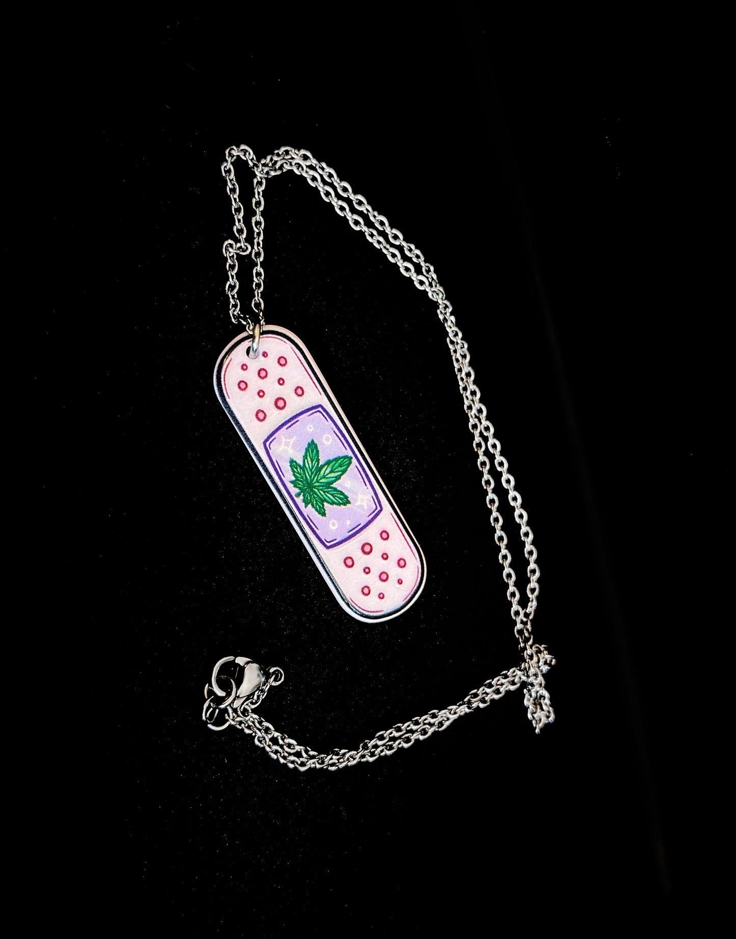Weed Leaf Band-Aid Charm Necklace with Steel Chain - Double-Sided Charm