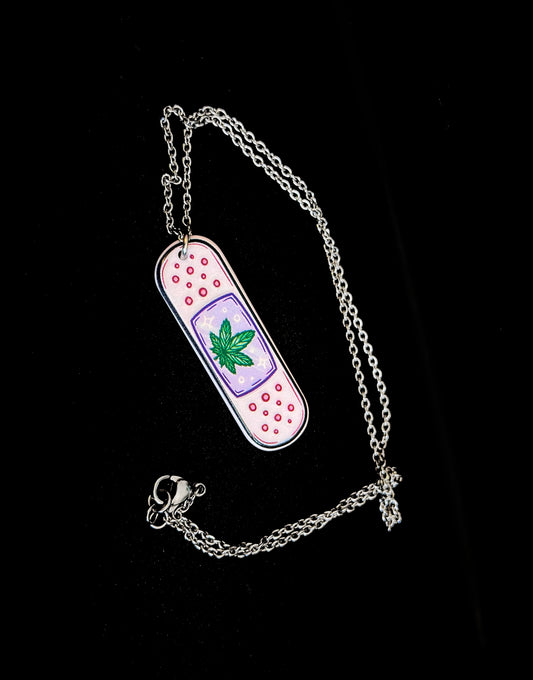 Weed Leaf Band-Aid Charm Necklace with Steel Chain - Double-Sided Charm