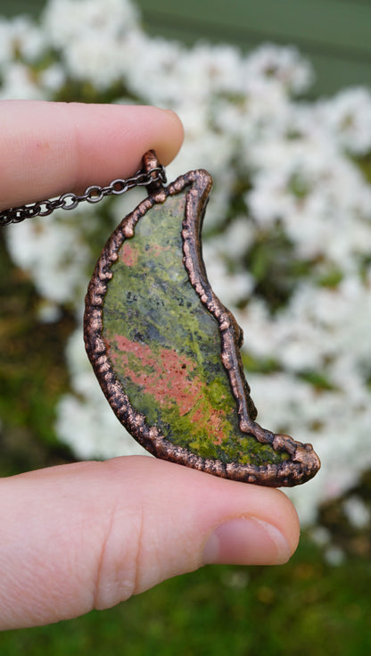 Green & Pink Unakite Jasper, Electroformed in Copper • Handmade Heart Chakra Crystal Necklace