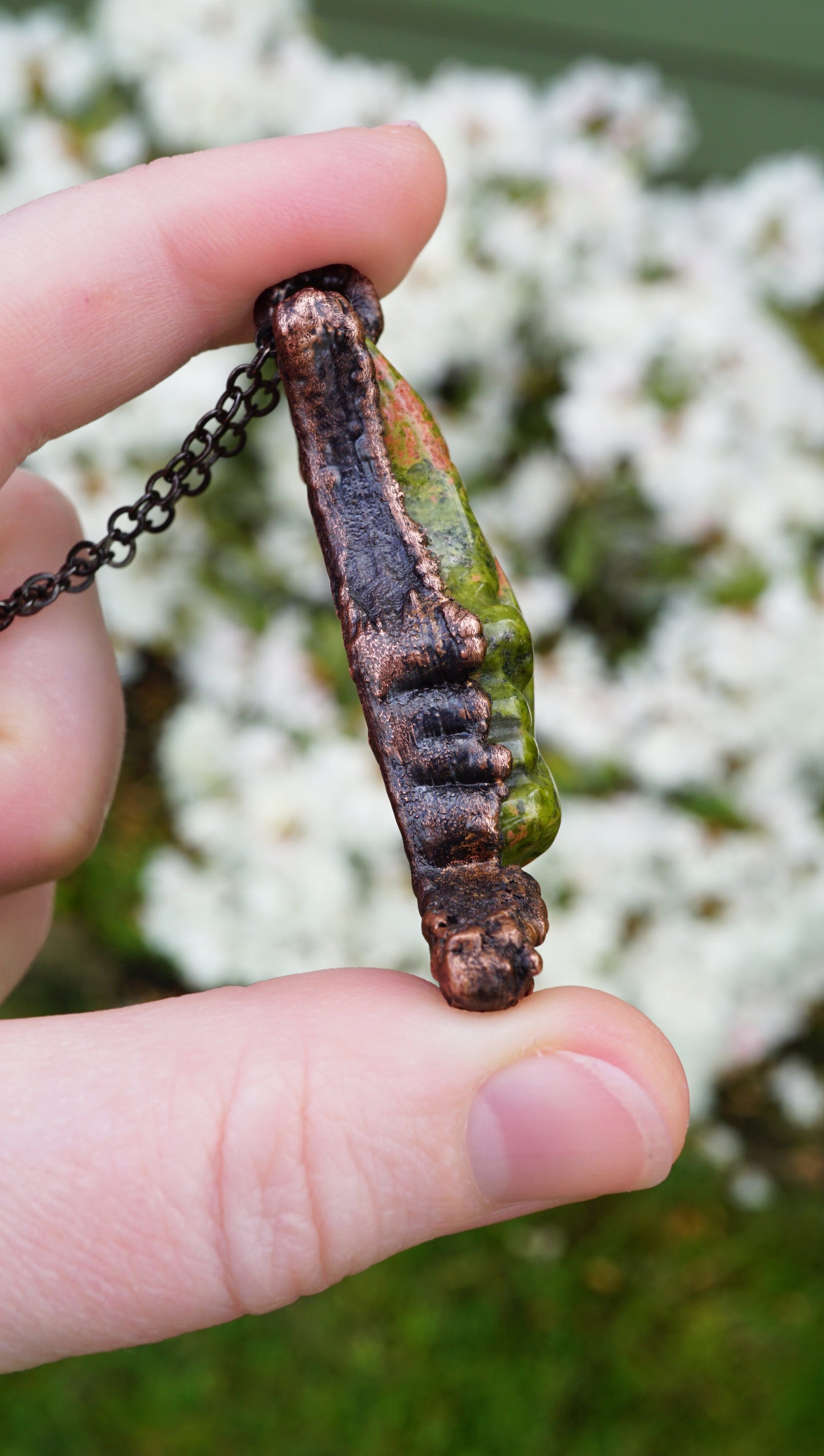Green & Pink Unakite Jasper, Electroformed in Copper • Handmade Heart Chakra Crystal Necklace