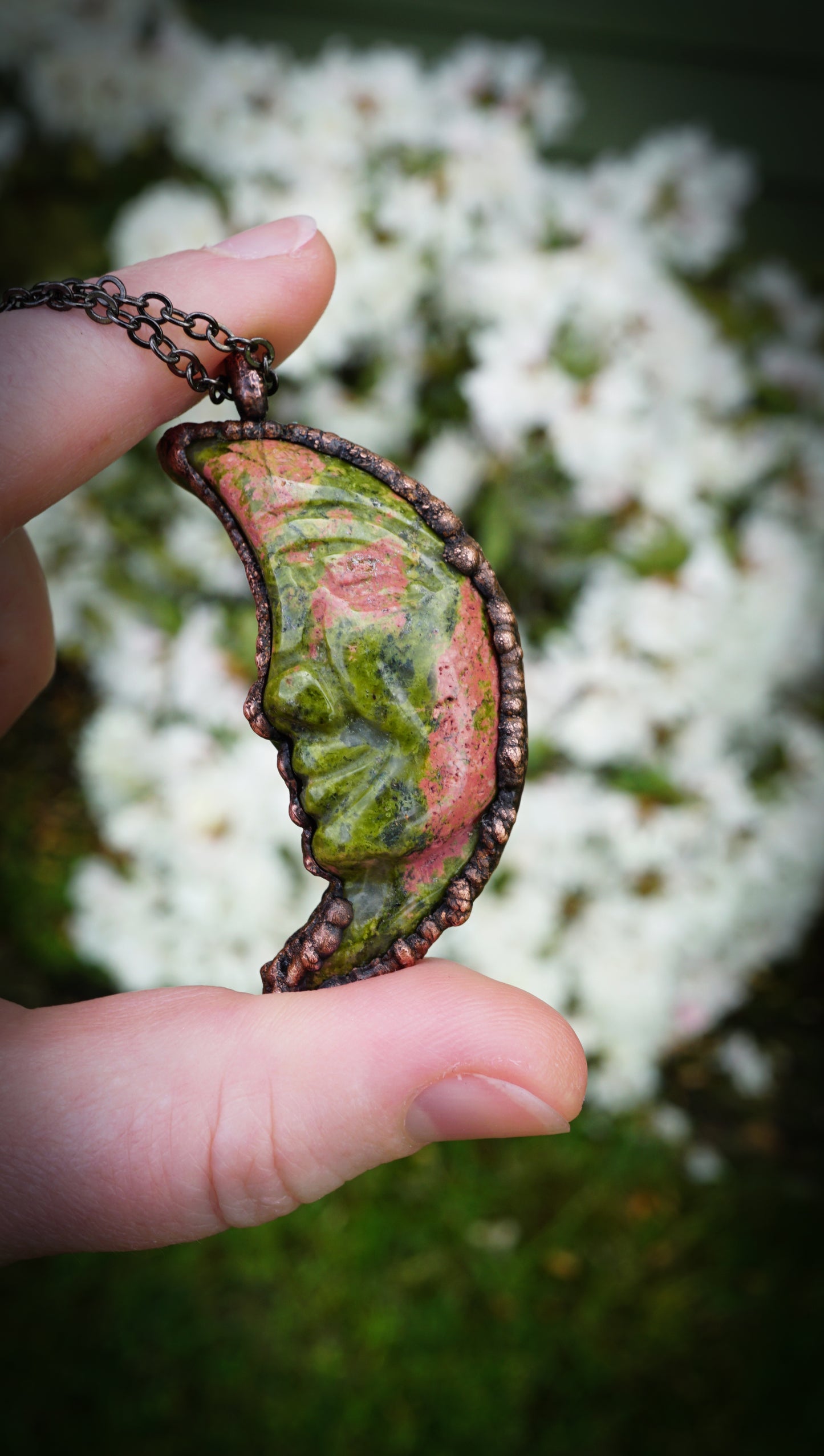 Green & Pink Unakite Jasper, Electroformed in Copper • Handmade Heart Chakra Crystal Necklace