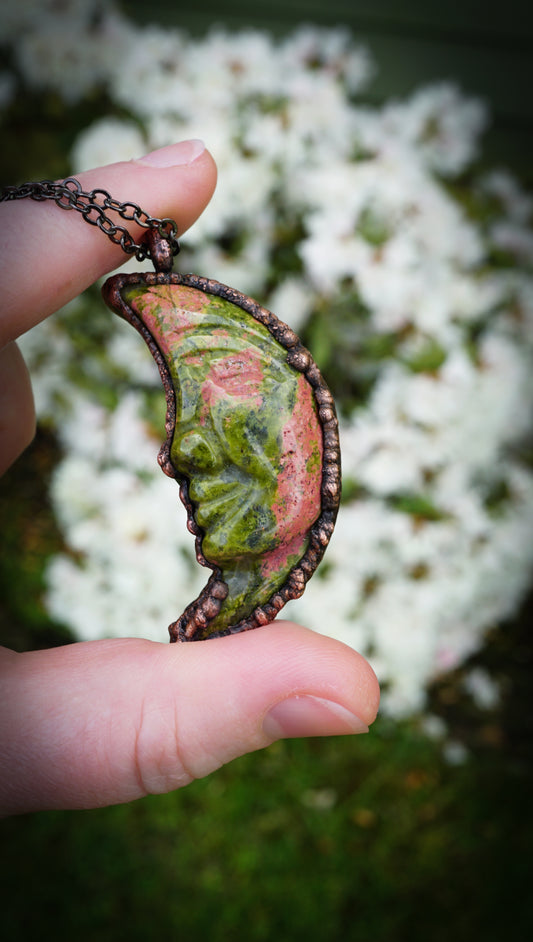 Green & Pink Unakite Jasper, Electroformed in Copper • Handmade Heart Chakra Crystal Necklace