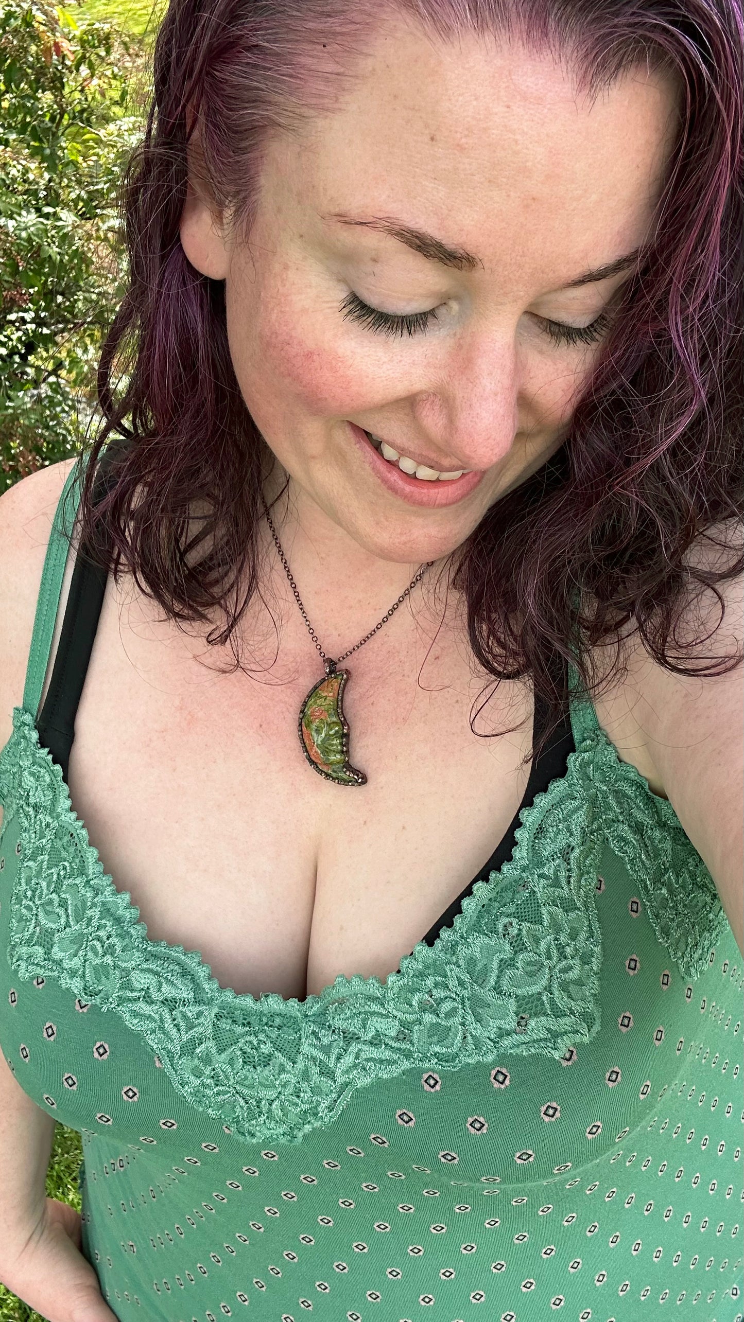 Green & Pink Unakite Jasper, Electroformed in Copper • Handmade Heart Chakra Crystal Necklace