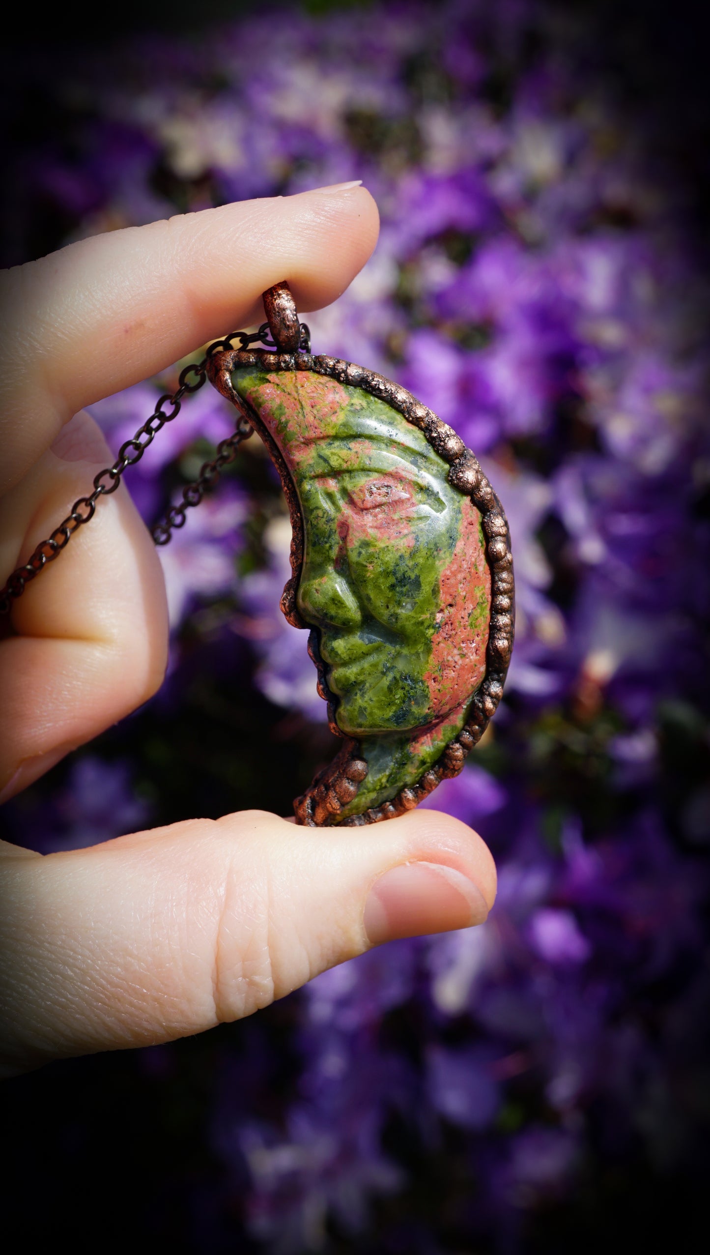 Green & Pink Unakite Jasper, Electroformed in Copper • Handmade Heart Chakra Crystal Necklace
