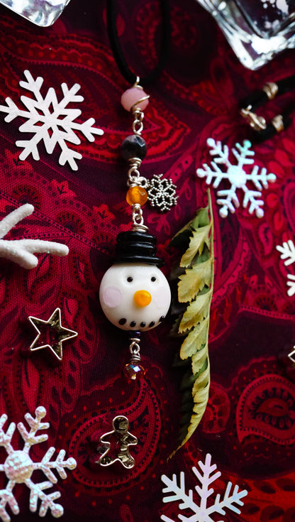 Snowman Necklace – Christmas Jewelry Gift | Handmade Pendant with Tourmaline Quartz, Glass Beads & Vegan Suede Cord