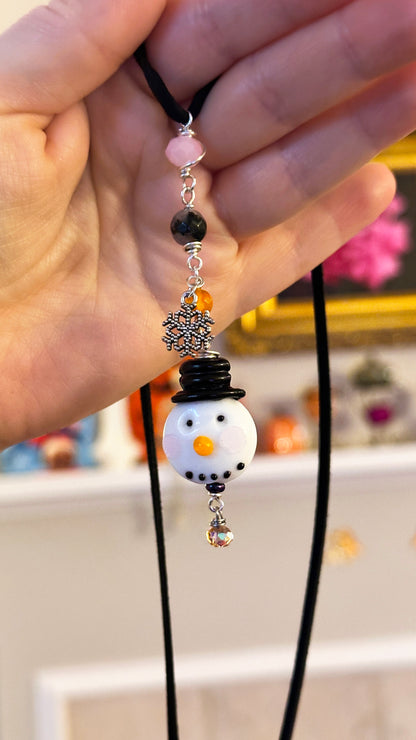 Snowman Necklace – Christmas Jewelry Gift | Handmade Pendant with Tourmaline Quartz, Glass Beads & Vegan Suede Cord