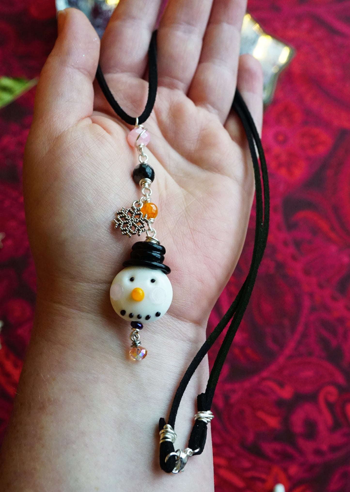 Snowman Necklace – Christmas Jewelry Gift | Handmade Pendant with Tourmaline Quartz, Glass Beads & Vegan Suede Cord