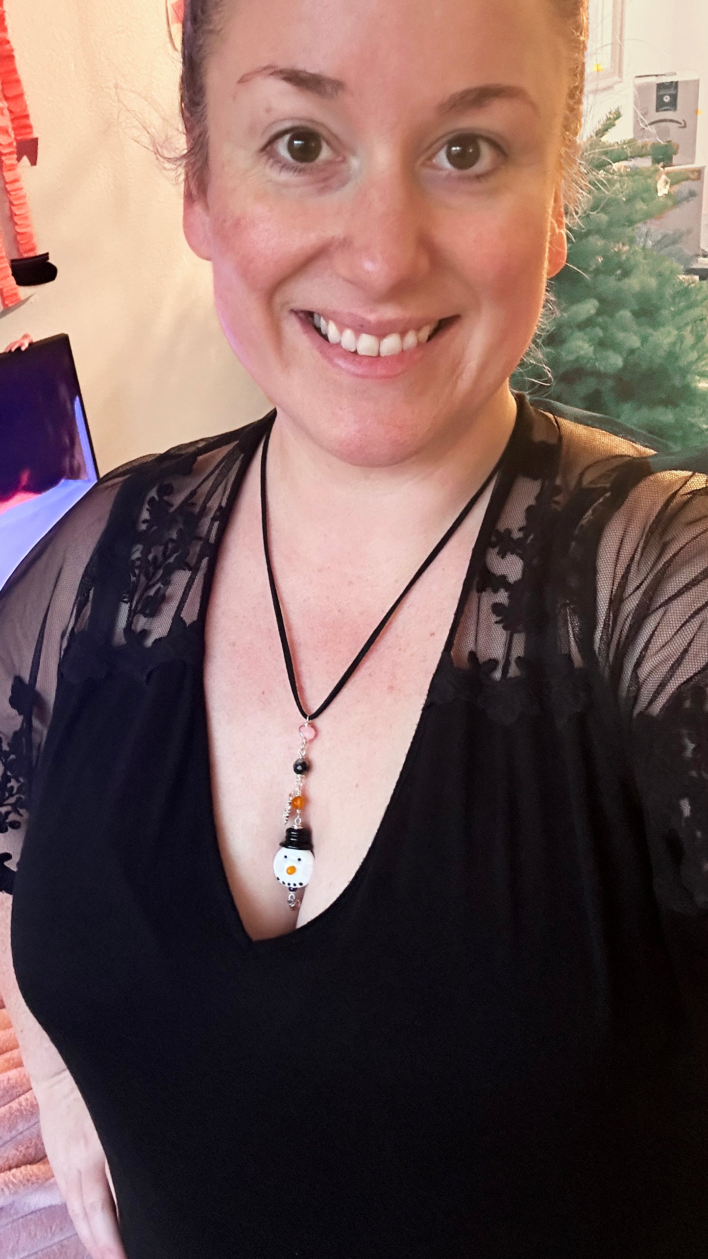 Snowman Necklace – Christmas Jewelry Gift | Handmade Pendant with Tourmaline Quartz, Glass Beads & Vegan Suede Cord