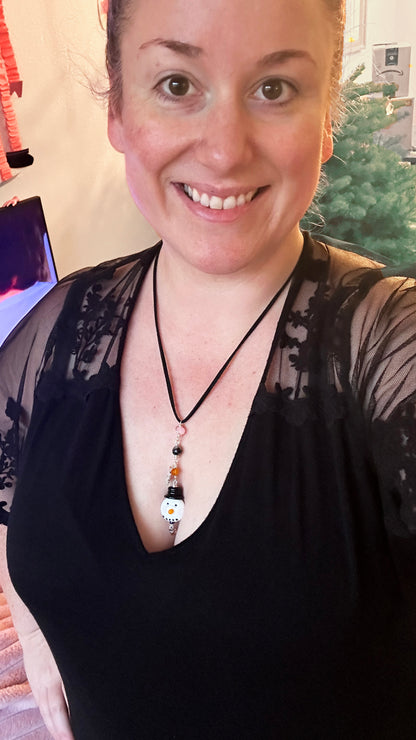 Snowman Necklace – Christmas Jewelry Gift | Handmade Pendant with Tourmaline Quartz, Glass Beads & Vegan Suede Cord