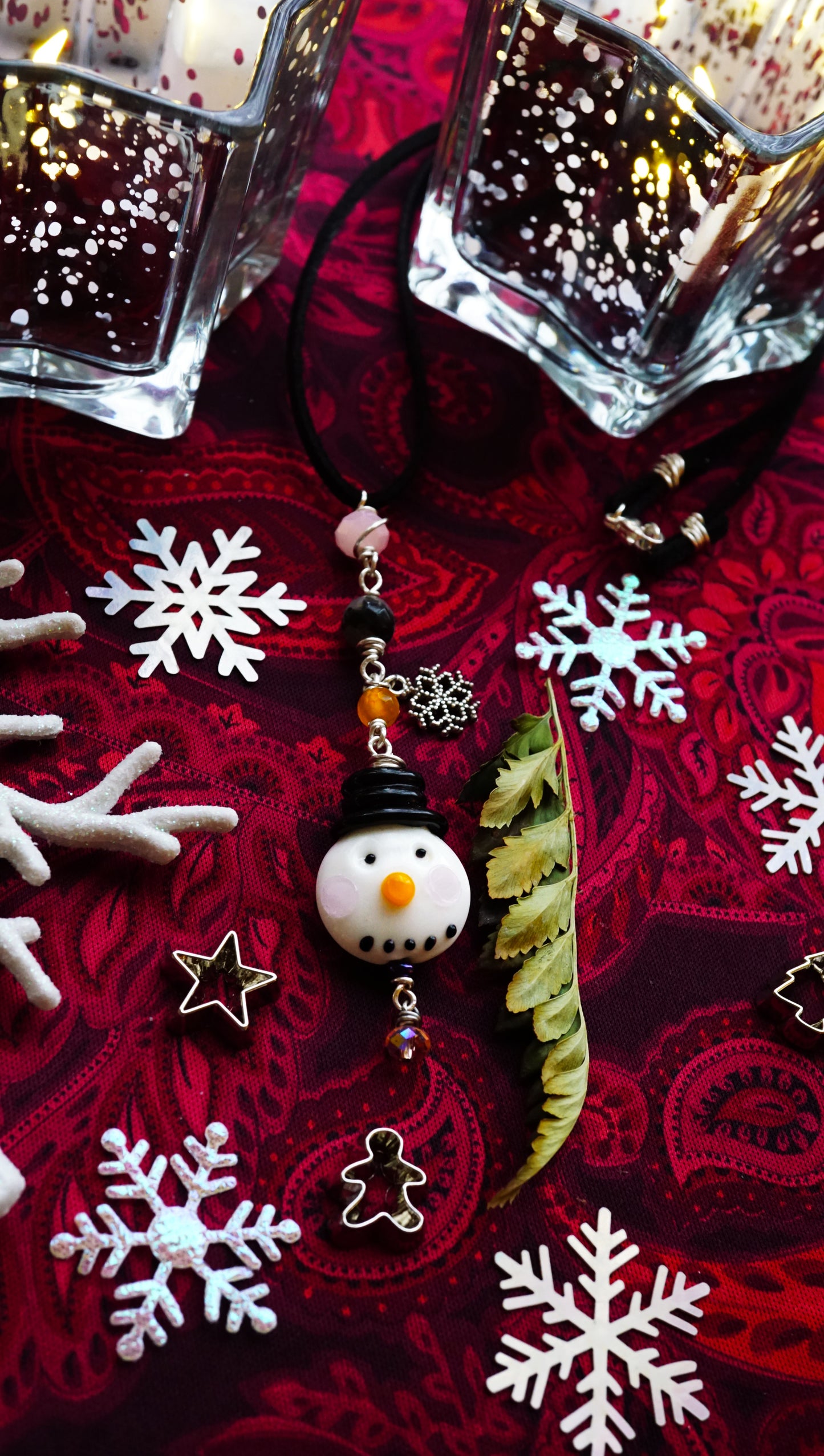 Snowman Necklace – Christmas Jewelry Gift | Handmade Pendant with Tourmaline Quartz, Glass Beads & Vegan Suede Cord