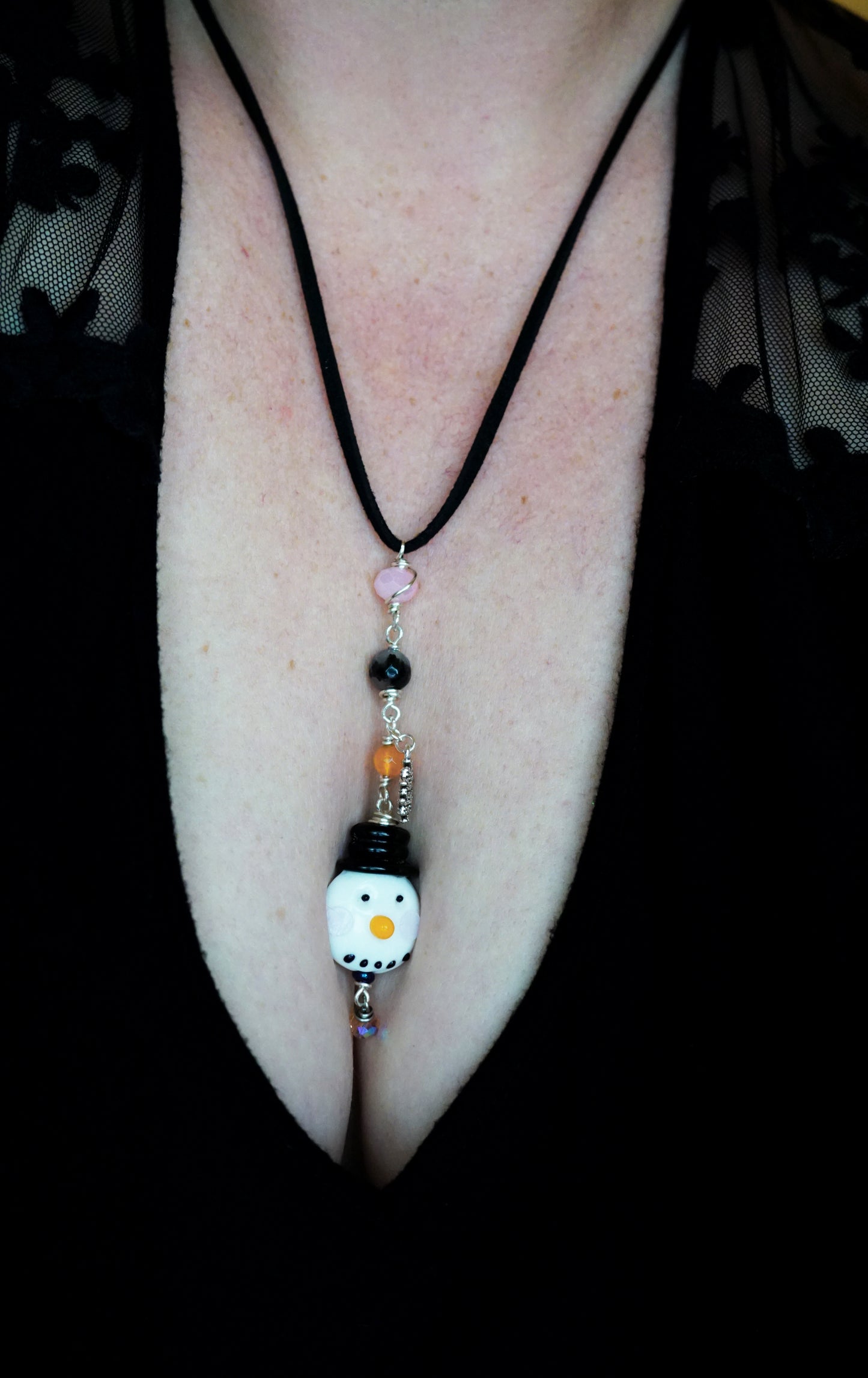 Snowman Necklace – Christmas Jewelry Gift | Handmade Pendant with Tourmaline Quartz, Glass Beads & Vegan Suede Cord